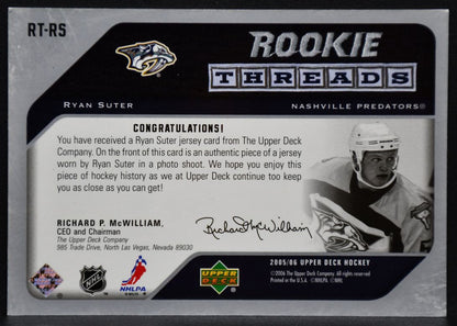 2005-06 Upper Deck Rookie Threads Ryan Suter RT-RS Nashville Predators RC Jersey 7085