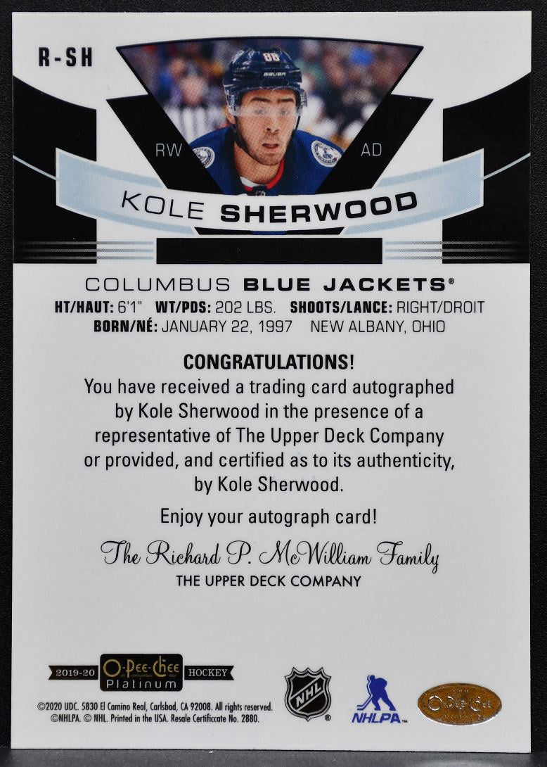 2019-20 O-Pee-Chee Platinum Rookie Autos Kole Sherwood R-SH Jackets RC Auto 9565