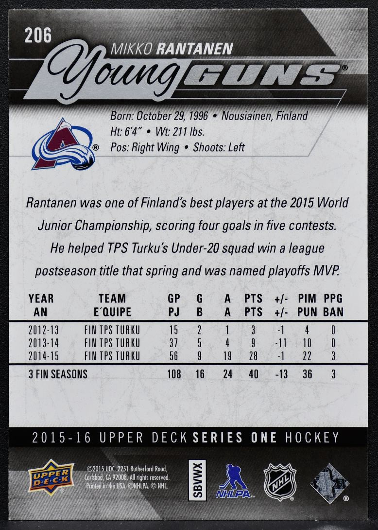 2015-16 Upper Deck Series 1 Young Guns Mikko Rantanen 206 RC 8050