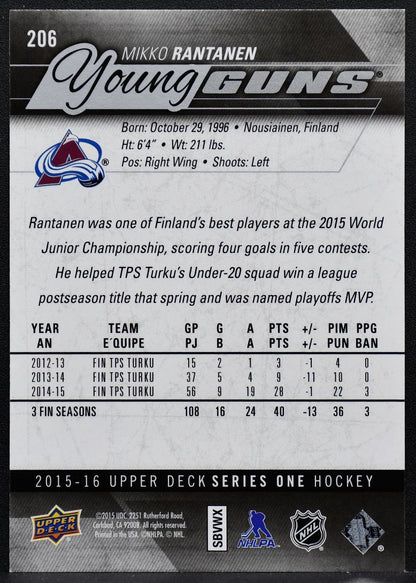2015-16 Upper Deck Series 1 Young Guns Mikko Rantanen 206 RC 8050