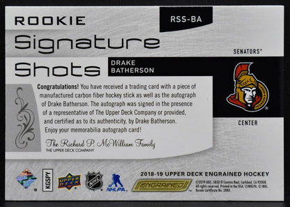 2018-19 UD Engrained Rookie Signature Shots - Blue Ink Drake Batherson RSS-BA 49