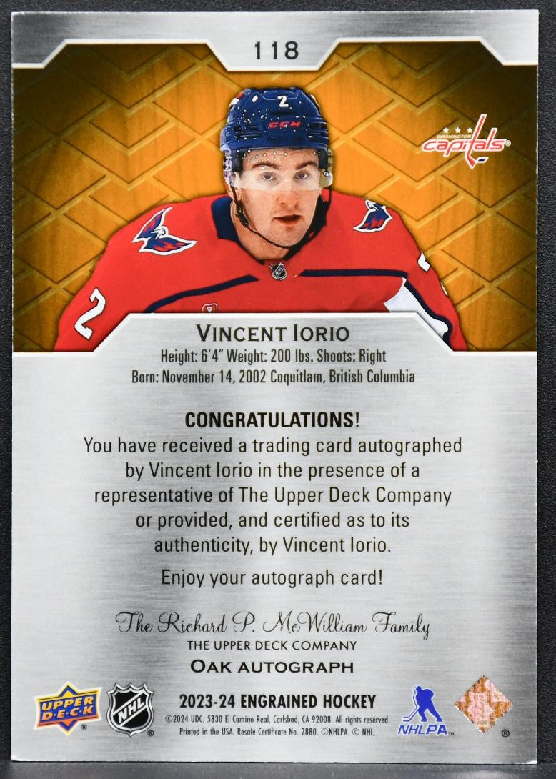 2023-24 UD Engrained RC Autographs Vincent Iorio 118 Washington Capitals RC Auto 6263
