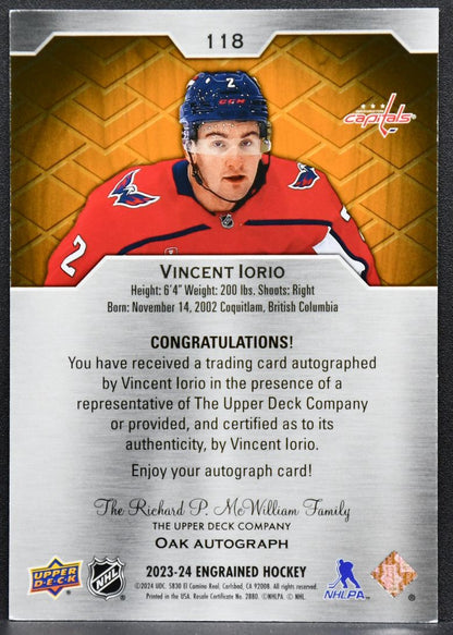 2023-24 UD Engrained RC Autographs Vincent Iorio 118 Washington Capitals RC Auto 6263