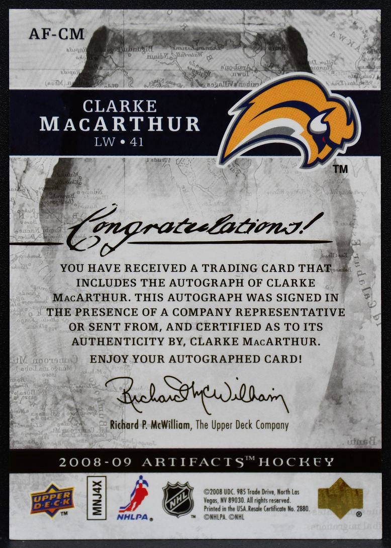 2008-09 Upper Deck Artifacts Auto-Facts Clarke MacArthur AF-CM Sabres Auto 2797