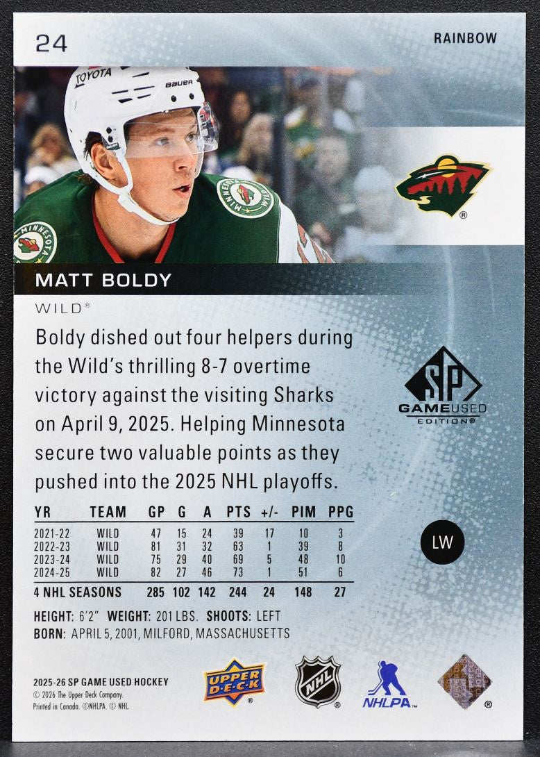2025-26 SP Game Used Rainbow Matt Boldy 24 Minnesota Wild 03/12 9089