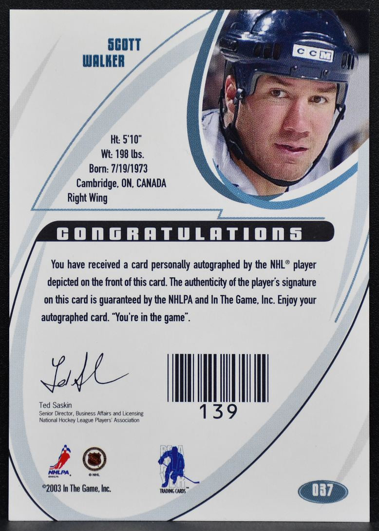2003-04 In The Game Signature Series Gold Scott Walker 037 Predators Auto 7457