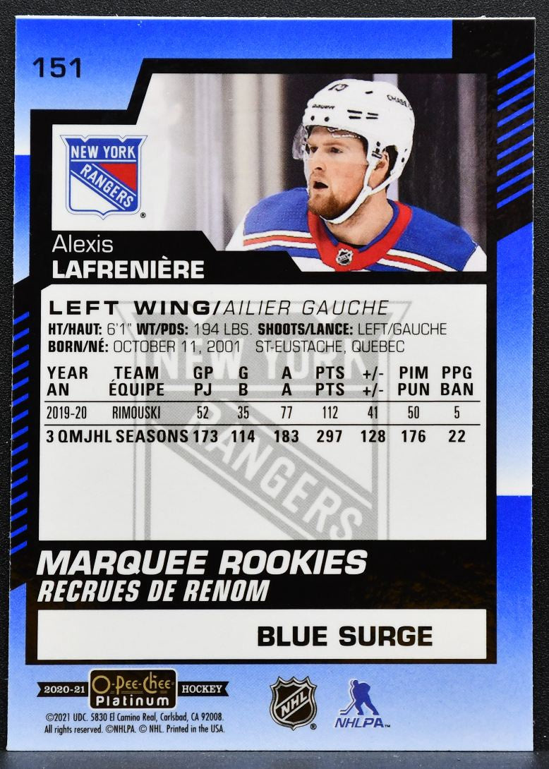 2020-21 OPC Platinum Marquee Rookies Blue Surge Alexis Lafreniere Blues RC 8938