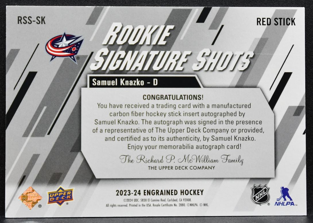 2023-24 UD Engrained Signature Shots Rookie Red Stick Samuel Knazko Auto 3578