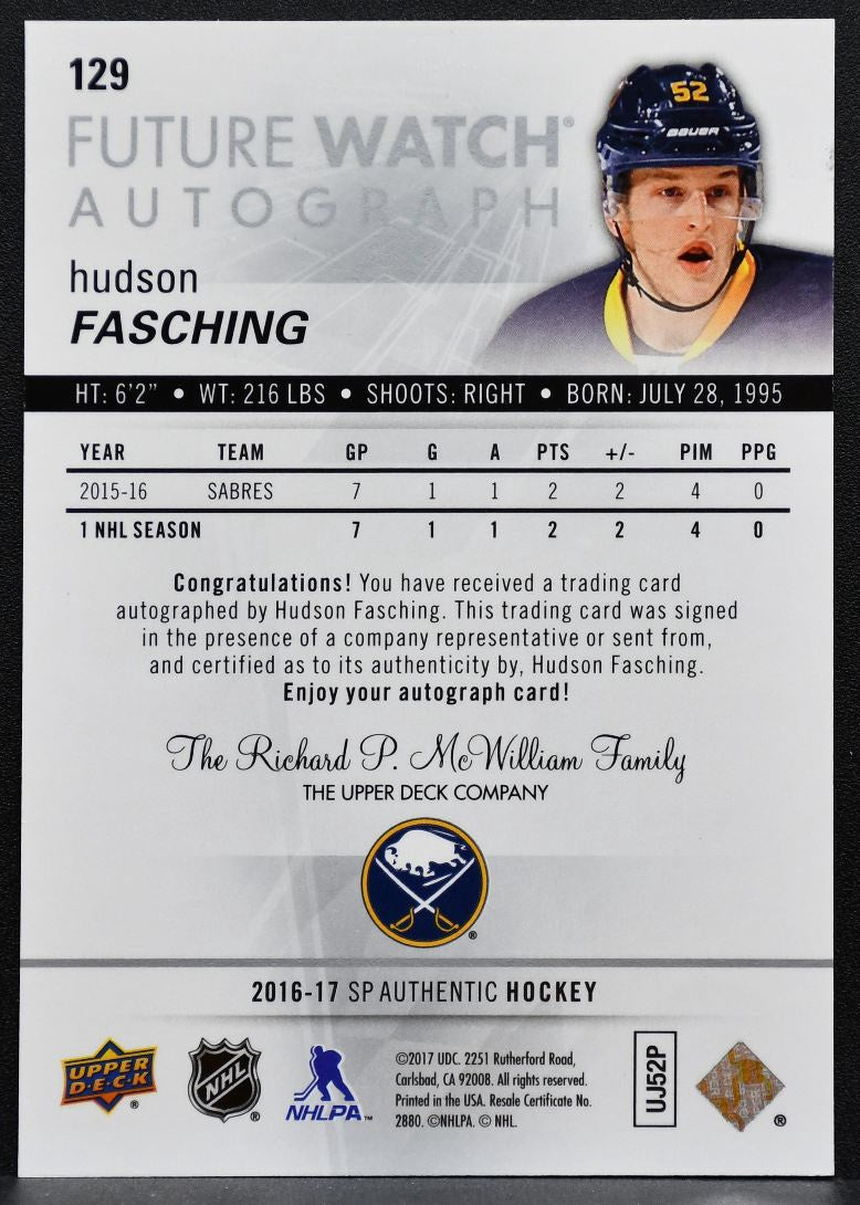 2016-17 SP Authentic Future Watch Hudson Fasching Sabres RC Auto 328/999 9077