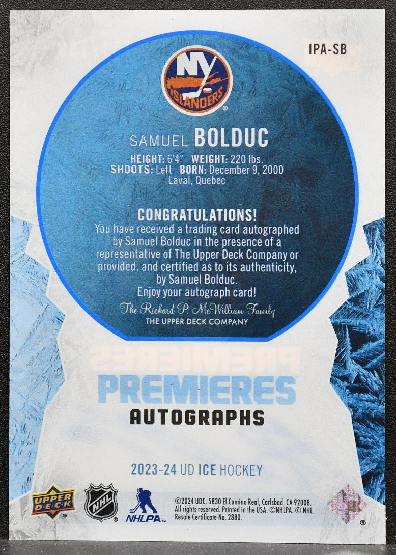 2023-24 UD Ice Premieres Auto Samuel Bolduc IPA-SB Islanders RC Auto 7009