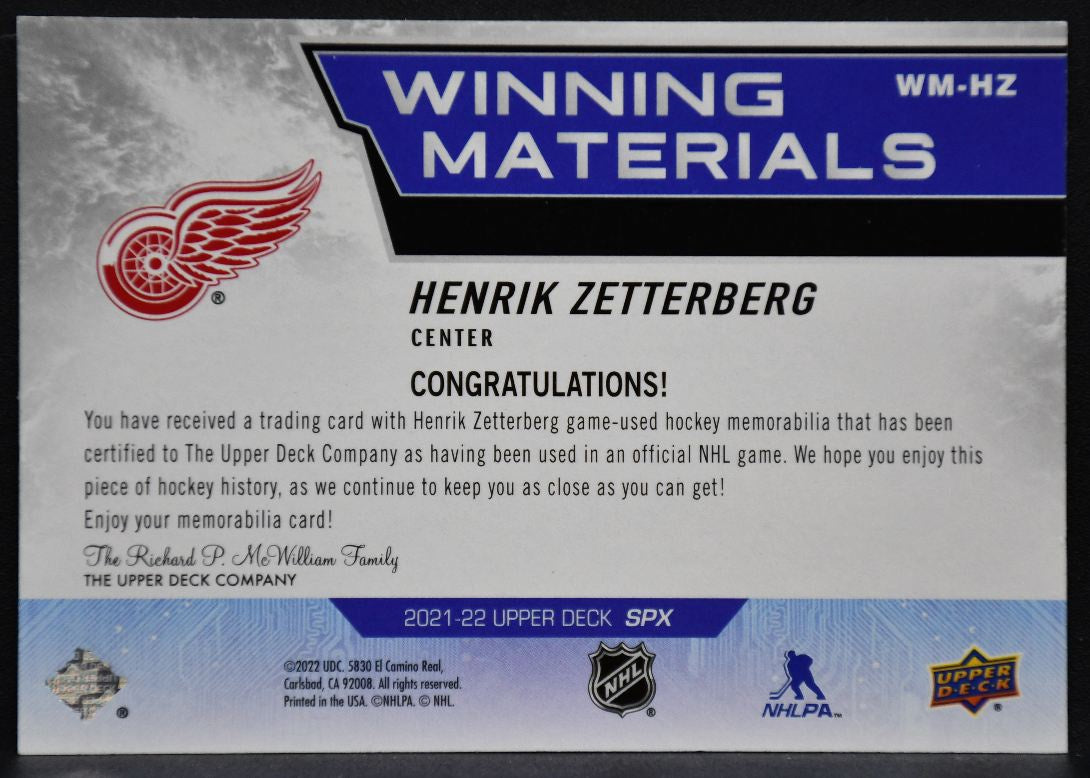 2021-22 SPx Winning Materials Henrik Zetterberg WM-HZ Detroit Red Wings Jersey 2493