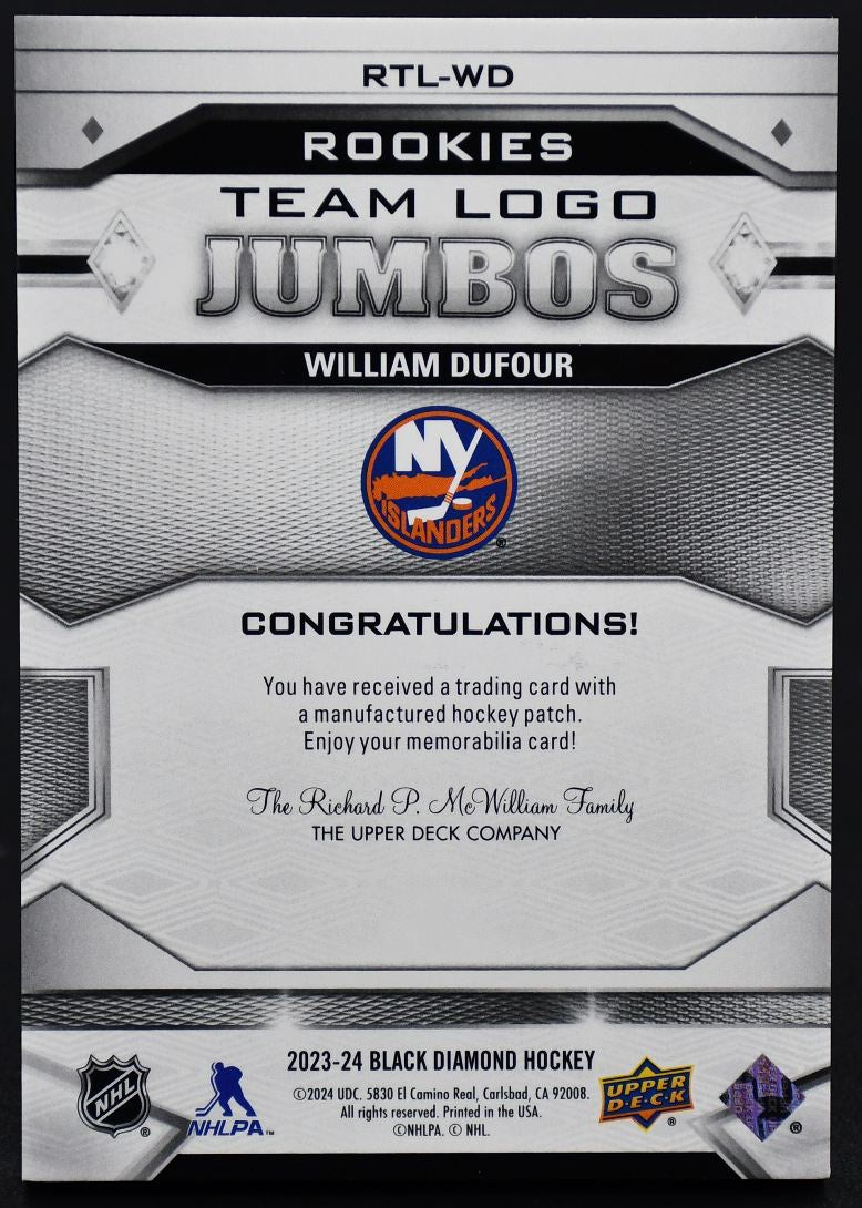 2023-24 UD Black Diamond Rookies Team Logo Jumbos William Dufour RTL-WD RC Patch