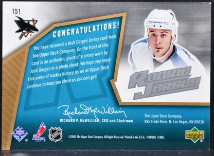 2005-06 SPx Rookie Jersey Josh Gorges Sharks RC 0595/1999 Jersey 1662