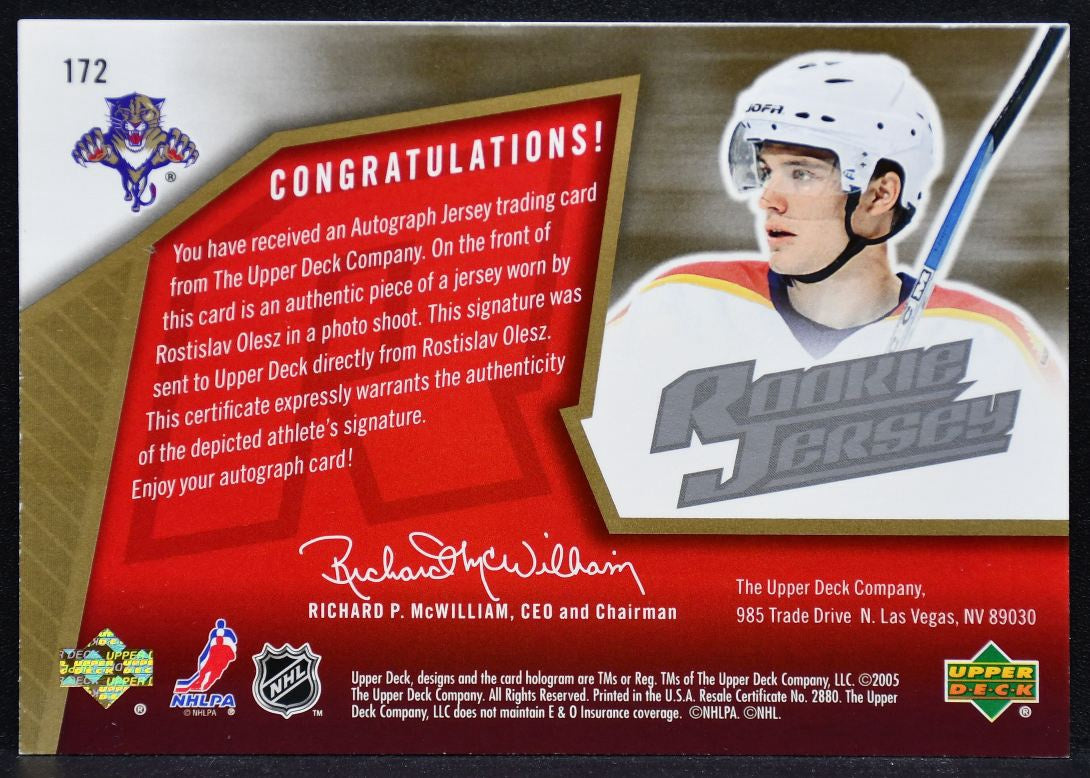 2005-06 SPx RC Jersey Rostislav Olesz 172 Panthers RC Auto 0919/1499 Jersey 6627