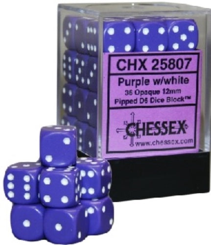 Opaque 36 * D6 Purple / White 12mm Chessex Dice (CHX25807)