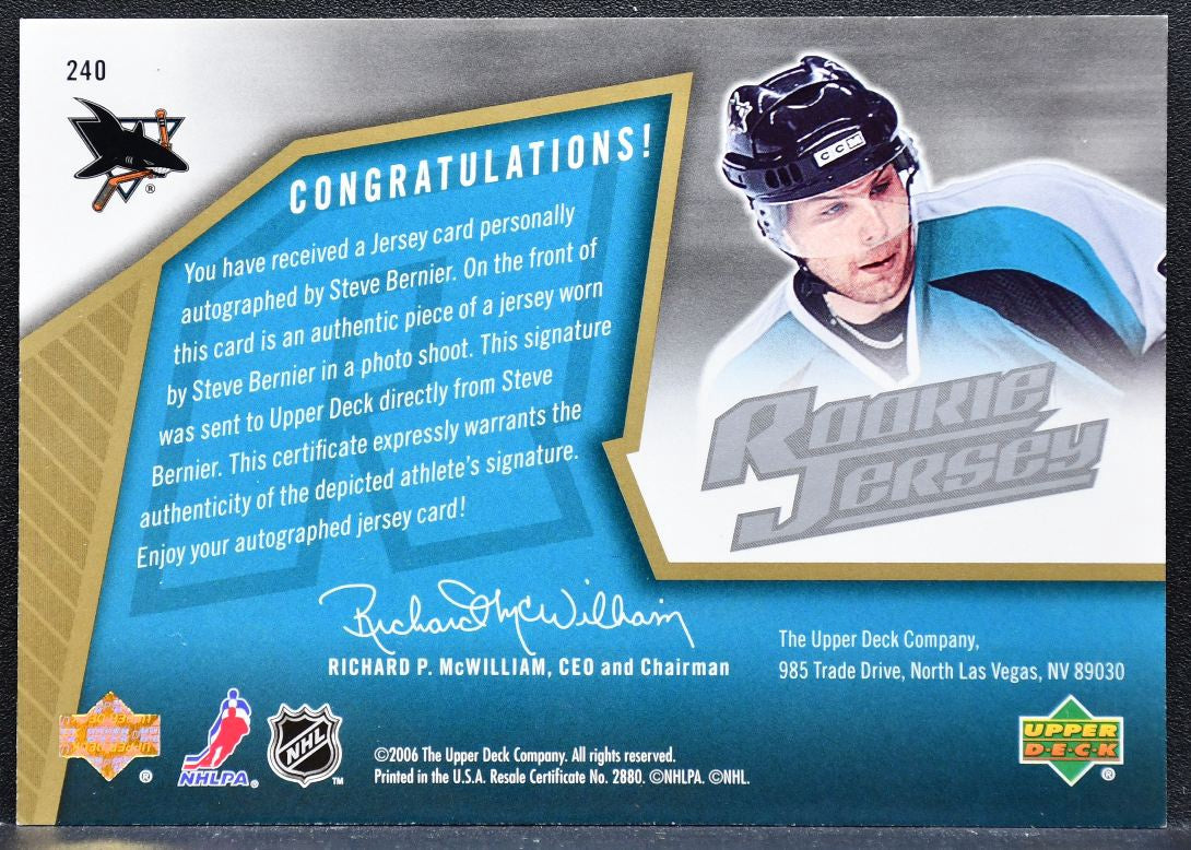 2005-06 SPx Steve Bernier 240 San Jose Sharks RC Auto 1218/1999 Jersey 8795
