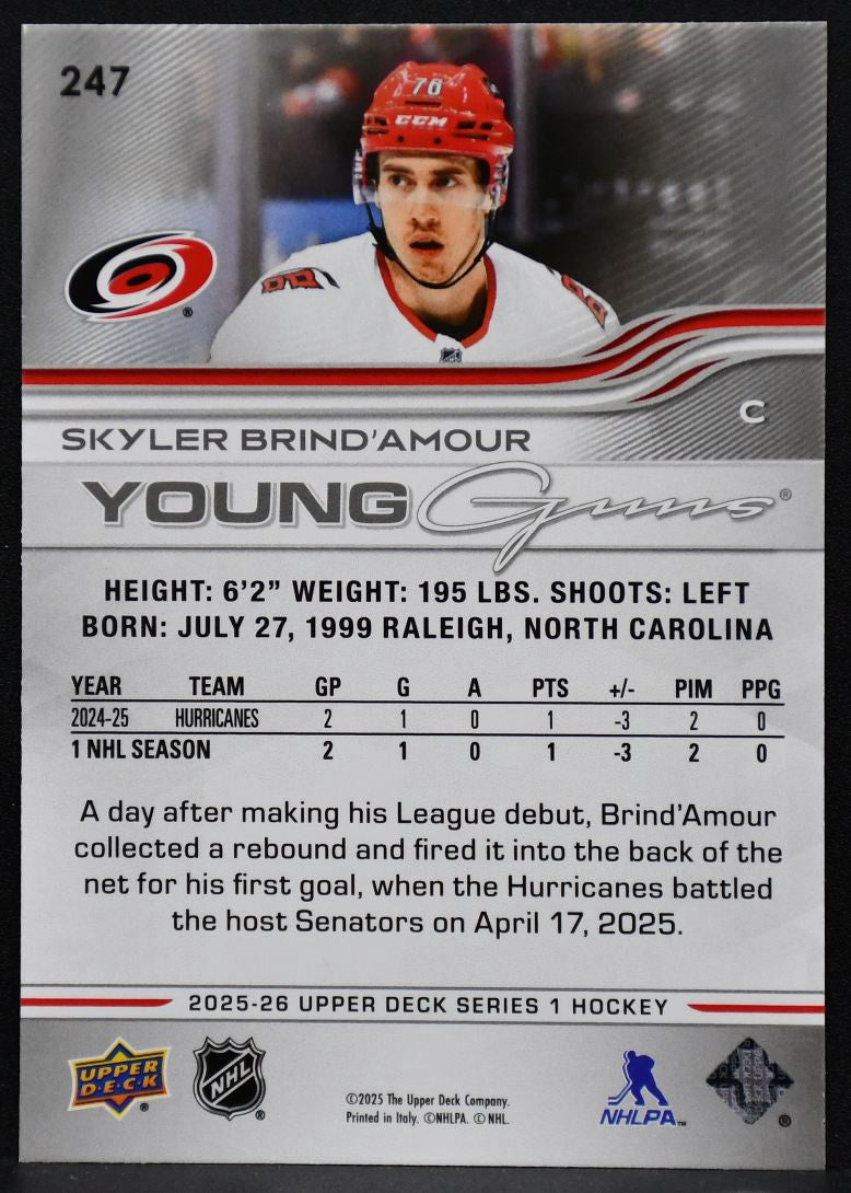 2025-26 UD Series 1 Young Guns Skyler Brind'Amour 247 Carolina Hurricanes RC 1169