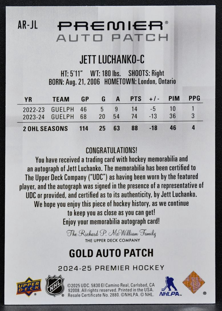 2024-25 UD Premier Acetate Gold Rookies Auto Patch Luchanko RC Auto Patch 5688