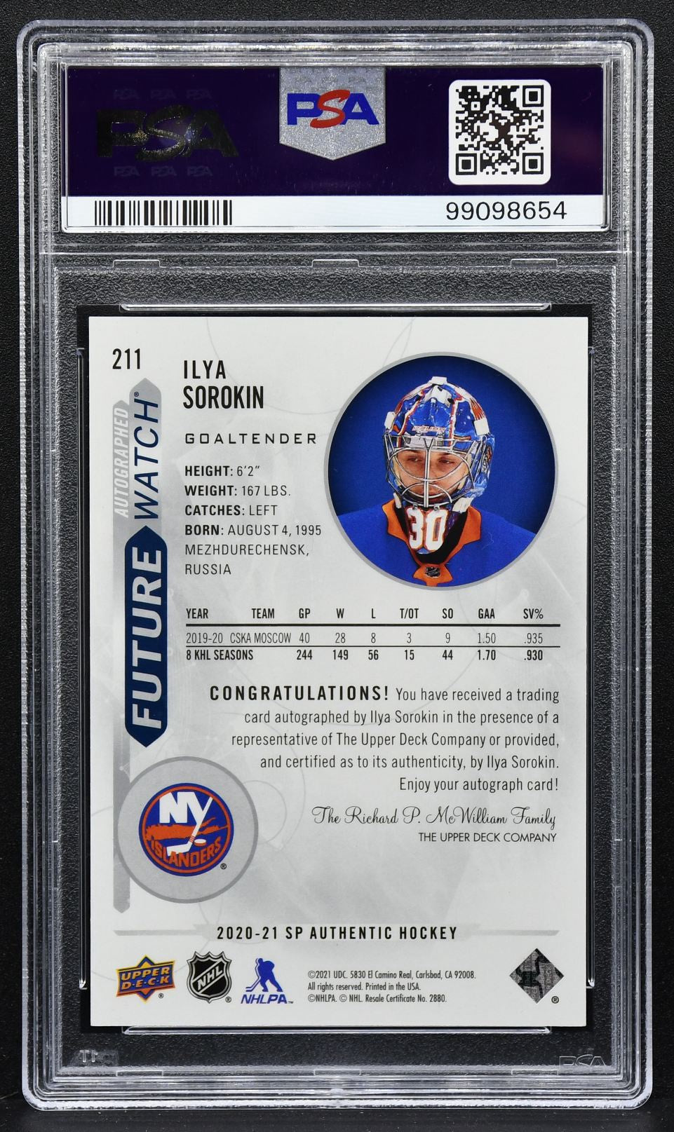 2020-21 SP Authentic Future Watch Auto Ilya Sorokin 211 RC Auto 592/999 2392