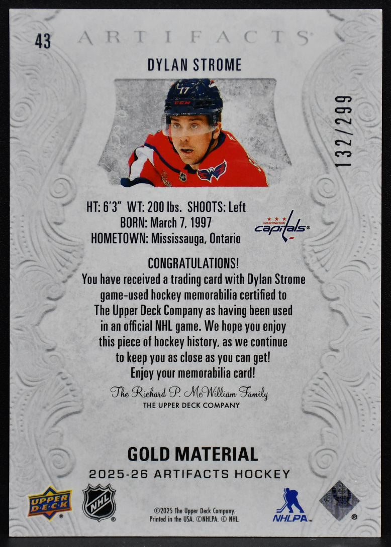 2025-26 Upper Deck Artifacts Gold Material Dylan Strome 43 132/299 Jersey 2958