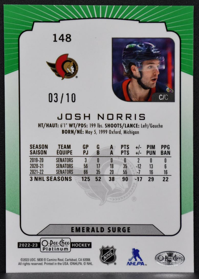 2022-23 O-Pee-Chee Platinum Emerald Surge Josh Norris 148 Ottawa Senators 03/10 6460