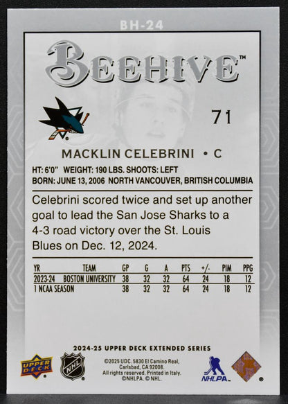 2024-25 Upper Deck Extended Series Beehive Macklin Celebrini BH-24 Sharks 5305