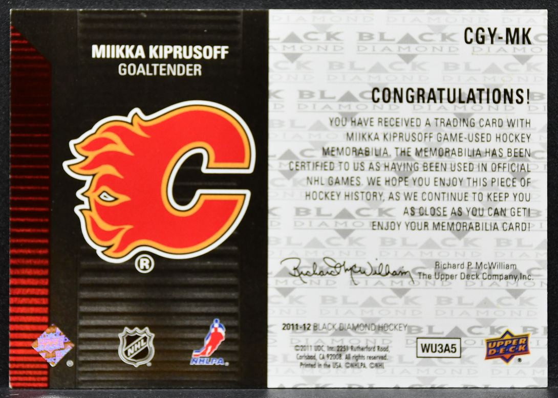 2011-12 UD Black Diamond Dual Jerseys Miikka Kiprusoff Flames Jersey 3172