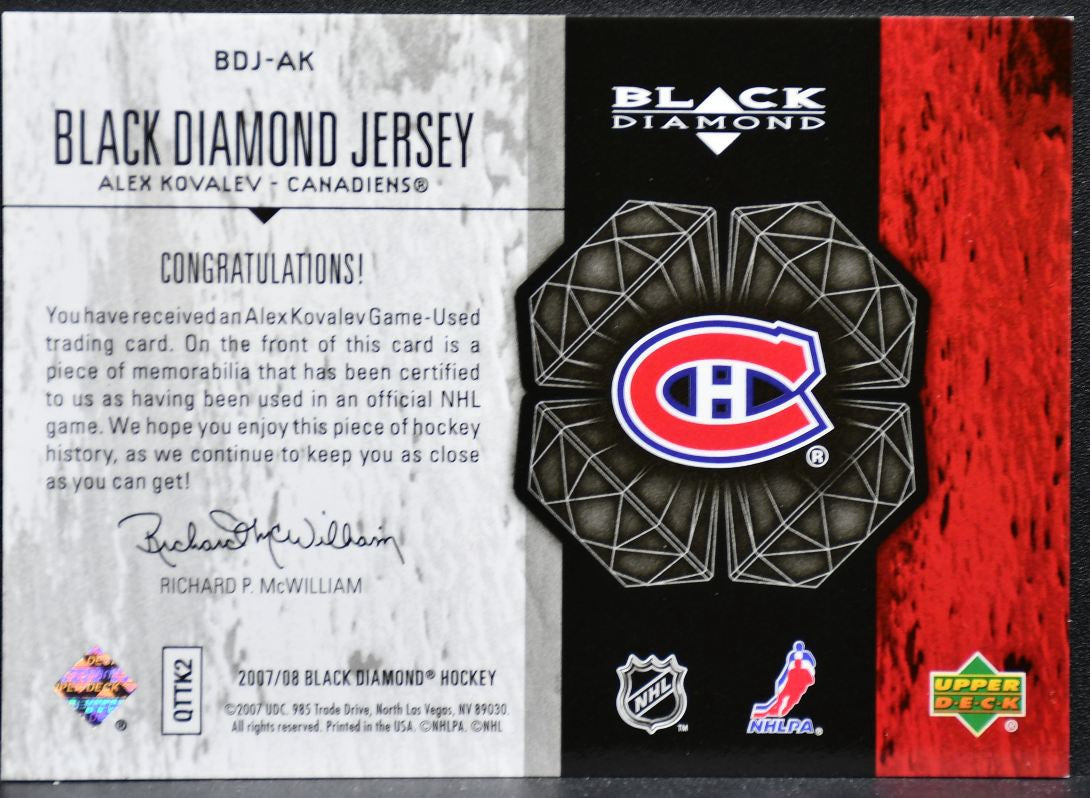 2007-08 Upper Deck Black Diamond Jerseys Alex Kovalev Canadiens Jersey 2188