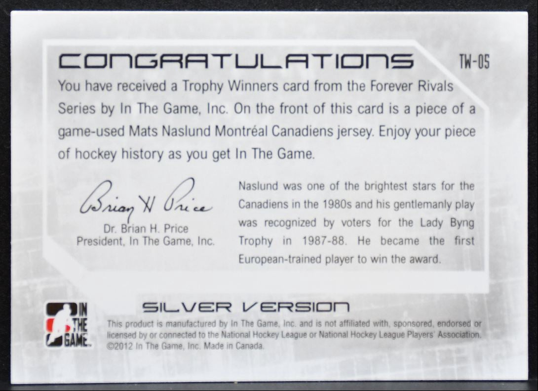 2012-13 ITG Forever Rivals Trophy Winners Memorabilia Naslund Jersey 5234