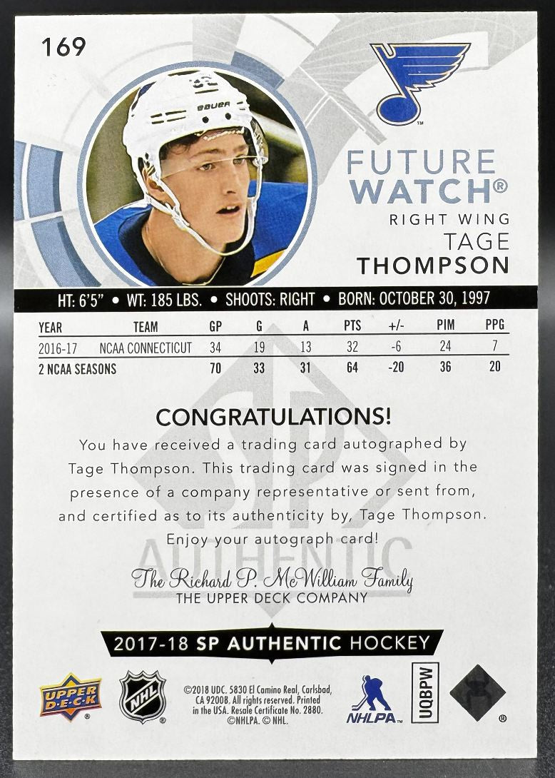 2017-18 SP Authentic Future Watch -  Inscriptions Tage Thompson RC Auto /999