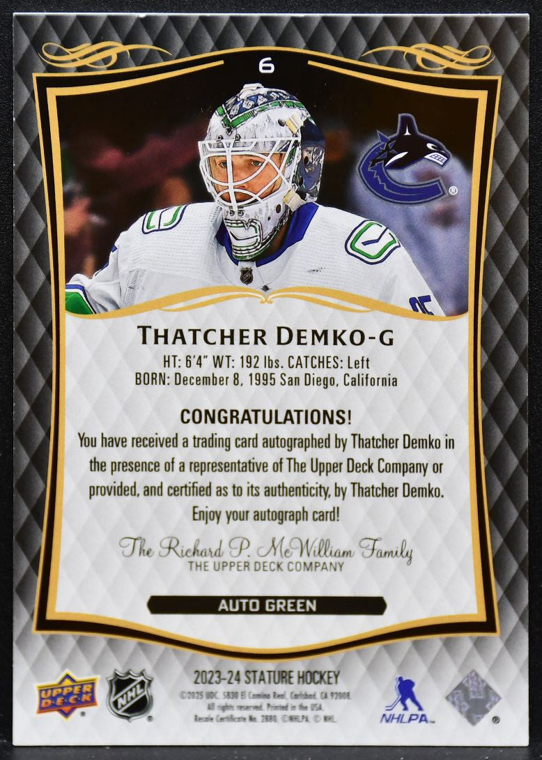 2023-24 Upper Deck Stature Auto Green Thatcher Demko 6 Canucks Auto 059/199 4708