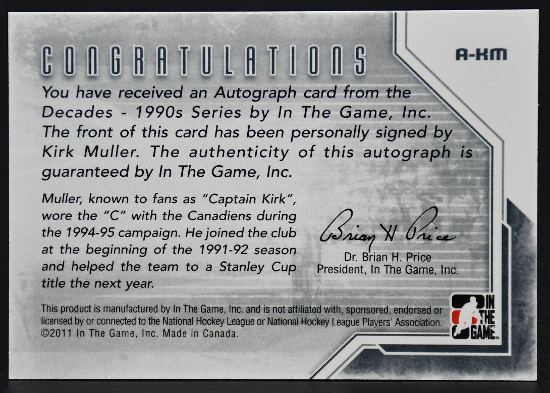 2011-12 In The Game Decades 1990s Autograph Kirk Muller A-KM Auto