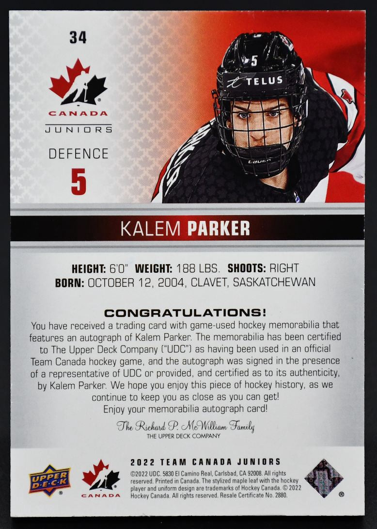 2022-23 UD Team Canada Juniors Premium Material Auto Jenner 34 Auto /199 Patch