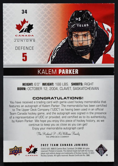 2022-23 UD Team Canada Juniors Premium Material Auto Jenner 34 Auto /199 Patch