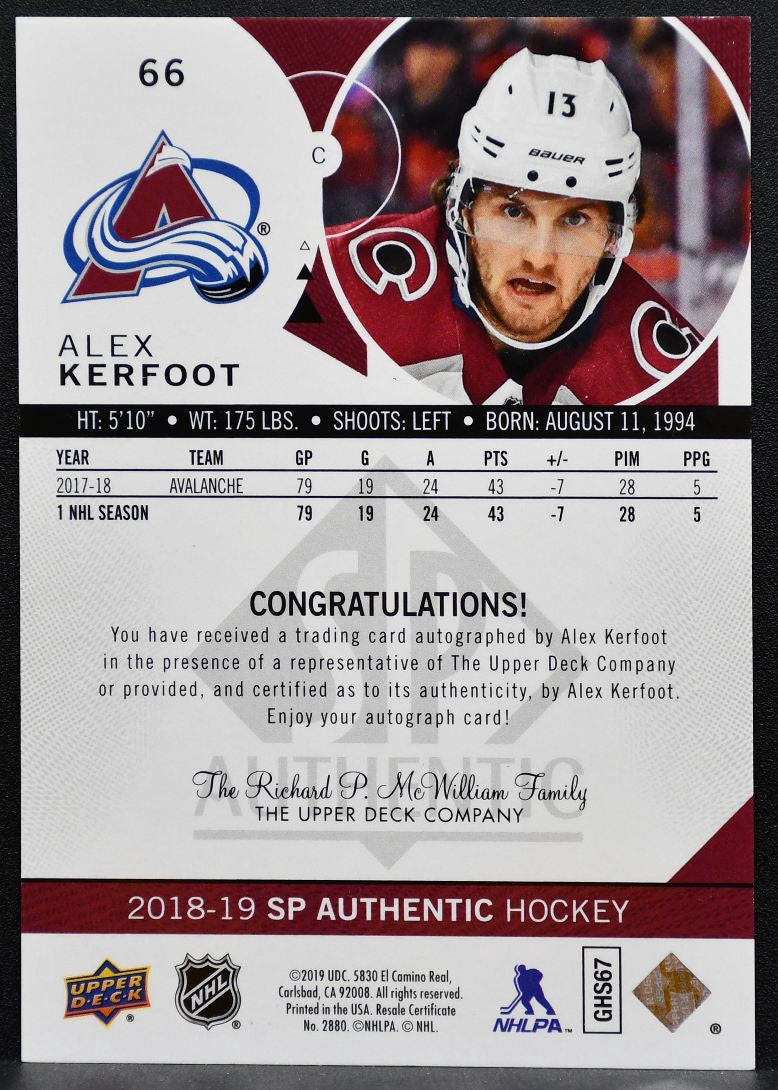 2018-19 SP Authentic Limited Auto Alex Kerfoot 66 Colorado Avalanche Auto 9381