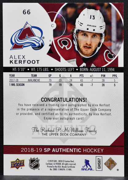 2018-19 SP Authentic Limited Auto Alex Kerfoot 66 Colorado Avalanche Auto 9381