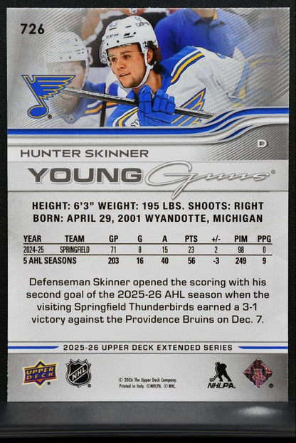 2025-26 Upper Deck Extended Series Young Guns Hunter Skinner 726 Blues RC 3307