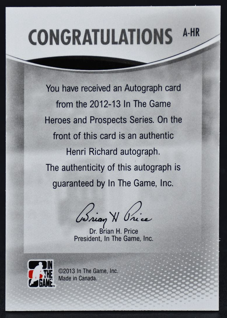 2012-13 In The Game Autographs Henri Richard A-HR Auto