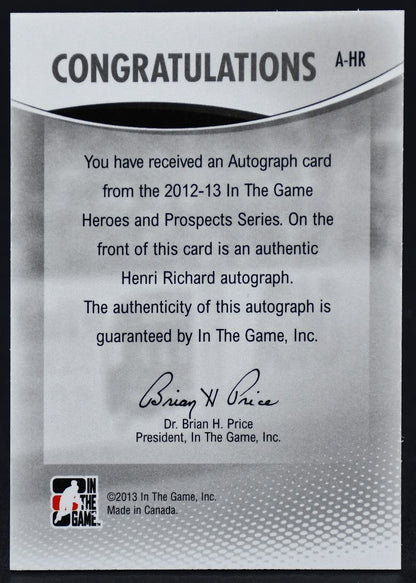 2012-13 In The Game Autographs Henri Richard A-HR Auto