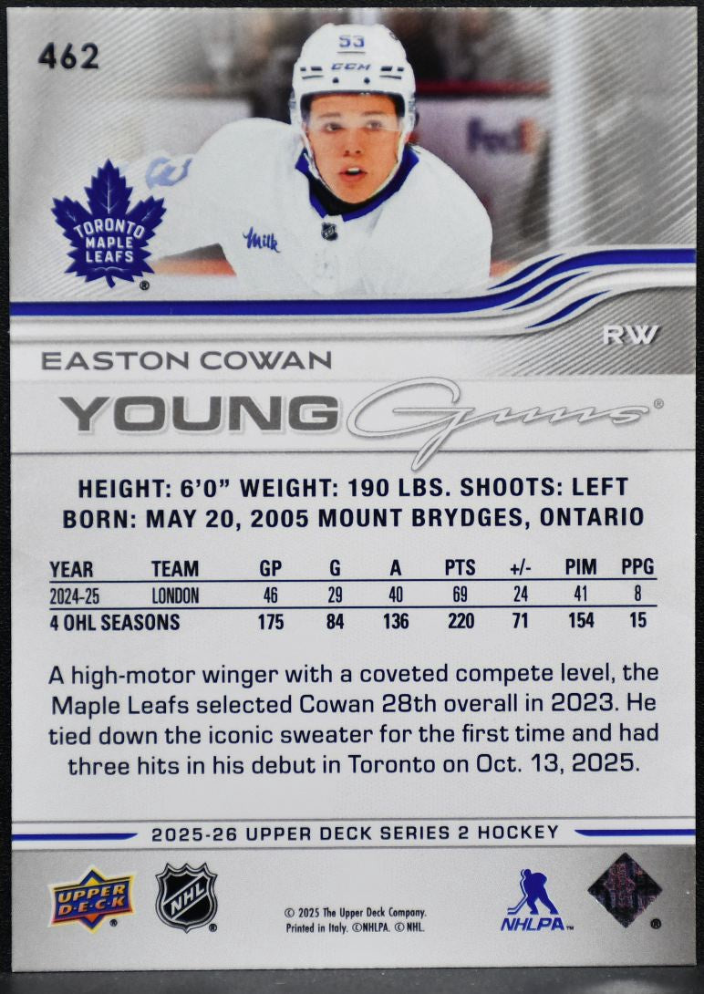 2025-26 Upper Deck Series 2 Young Guns Easton Cowan 462 Maple Leafs RC 6643