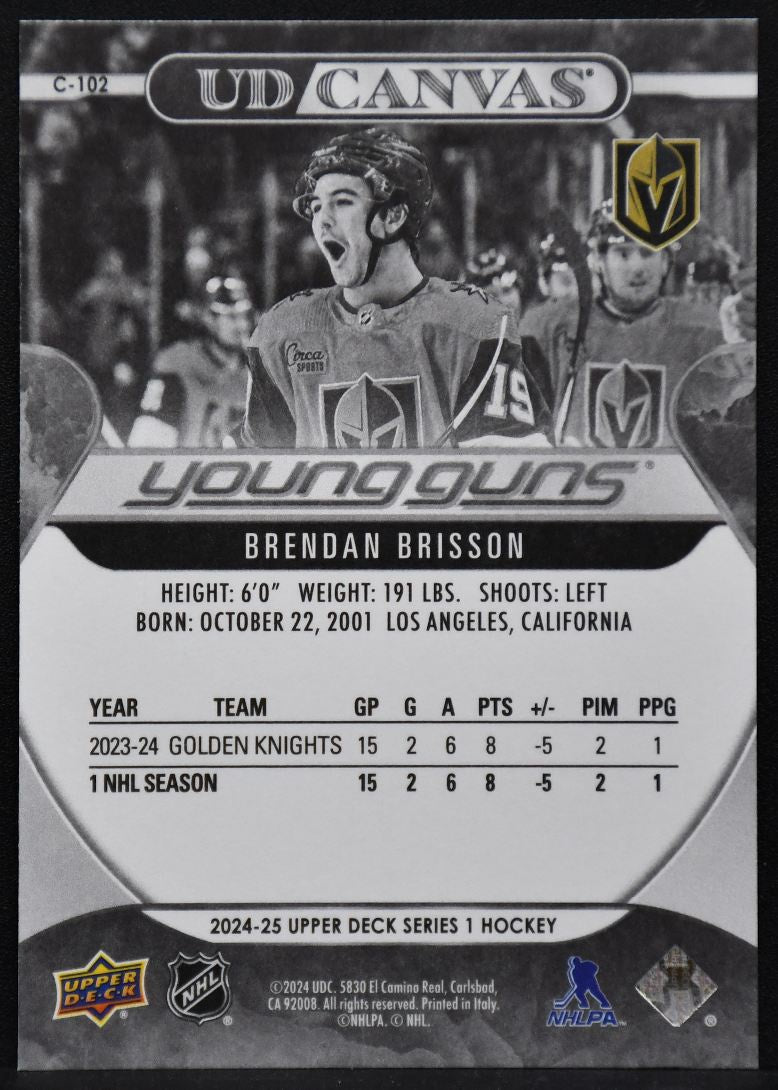 24-25 UD Series 1 UD Canvas Young Guns Brendan Brisson C-102 Golden Knights RC 1700
