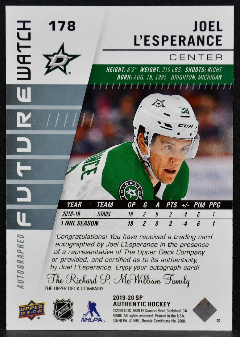 2019-20 SP Authentic Future Watch L'Esperance 178 Stars RC Auto 408/999 6306