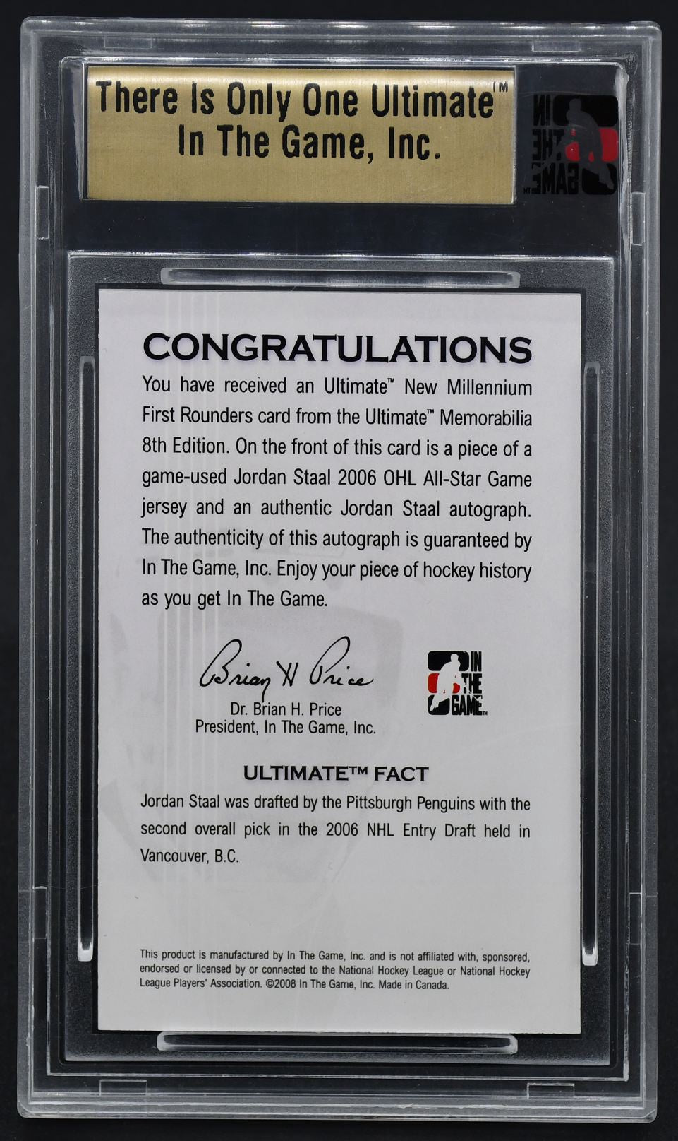 2007-08 ITG 8th New Millennium First Rounders Jordan Staal Auto 01/40 Jersey