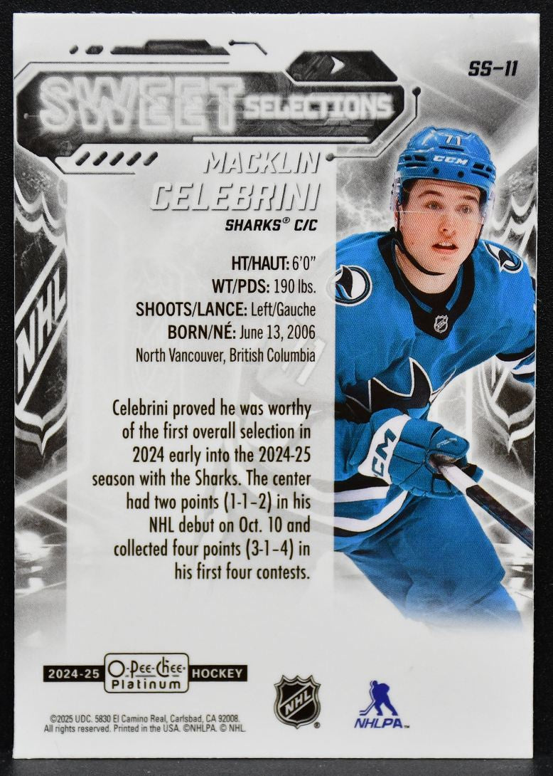 2024-25 OPC Platinum Sweet Selections Macklin Celebrini SS-11 Sharks RC 6726
