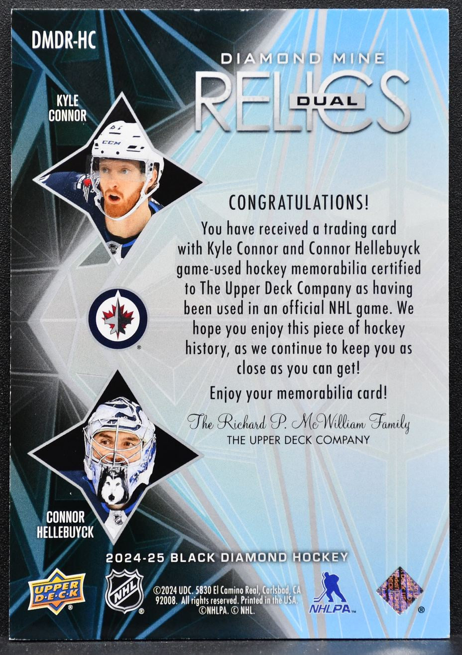 2024-25 UD Black Diamond Mine Dual Relics Connor / Hellebuyck Jets Jersey 3543