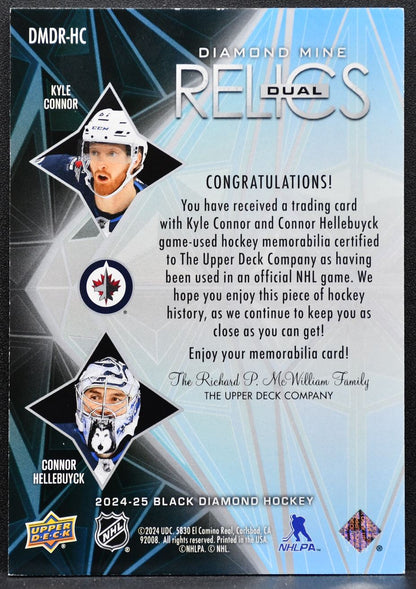 2024-25 UD Black Diamond Mine Dual Relics Connor / Hellebuyck Jets Jersey 3543