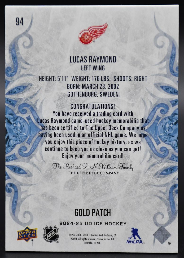 2024-25 UD Ice Lucas Raymond 94 Detroit Red Wings 10/25 Patch
