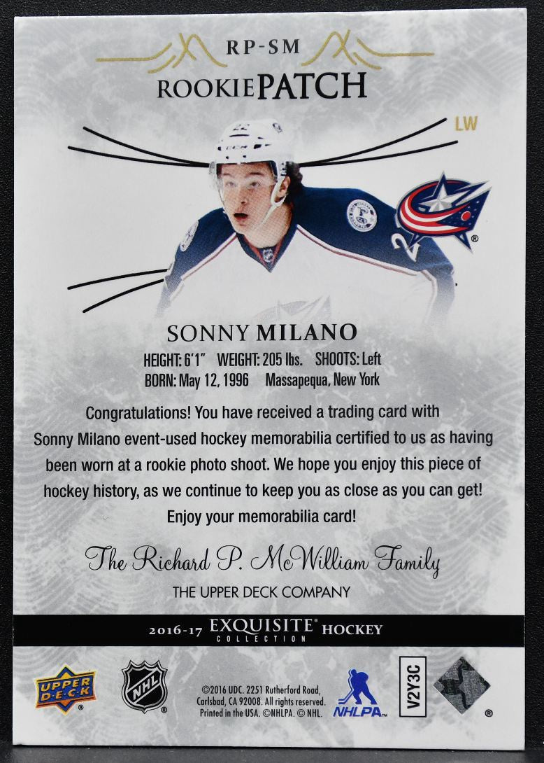 2016-17 UD Black Diamond Exquisite Rookie Patch Sonny Milano RC Patch 8429