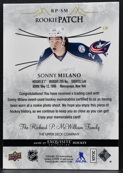 2016-17 UD Black Diamond Exquisite Rookie Patch Sonny Milano RC Patch 8429