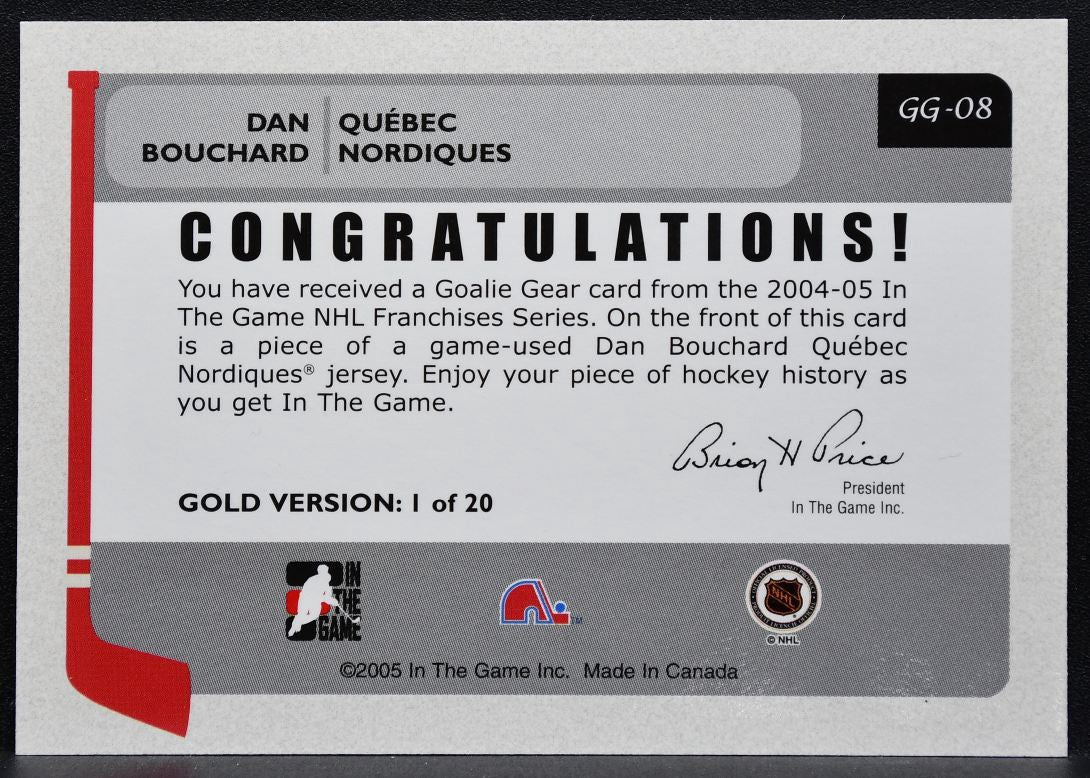 2004-05 ITG Franchises Canadian Goalie Gear Dan Bouchard Quebec Nordiques 4251